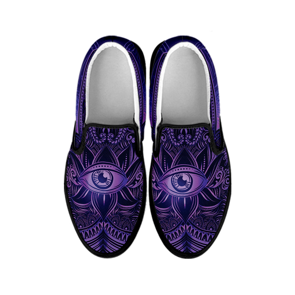 Purple Hamsa Hand Print Black Slip On Shoes