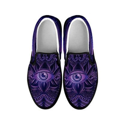 Purple Hamsa Hand Print Black Slip On Shoes