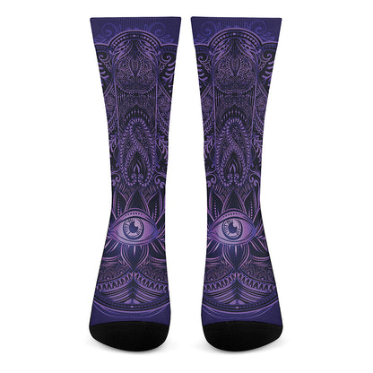 Purple Hamsa Hand Print Crew Socks