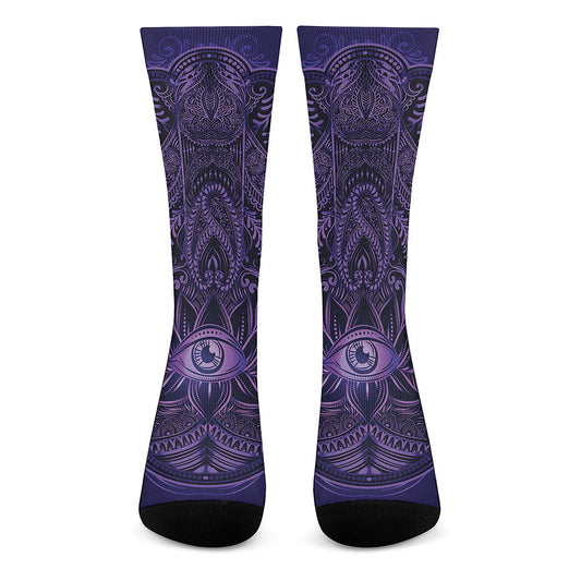 Purple Hamsa Hand Print Crew Socks
