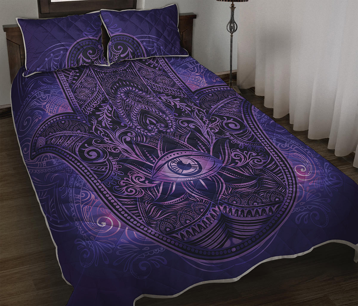 Purple Hamsa Hand Print Quilt Bed Set