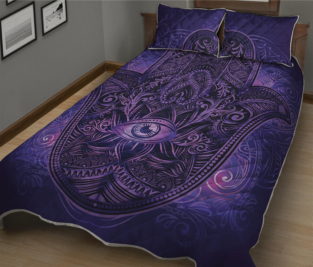 Purple Hamsa Hand Print Quilt Bed Set