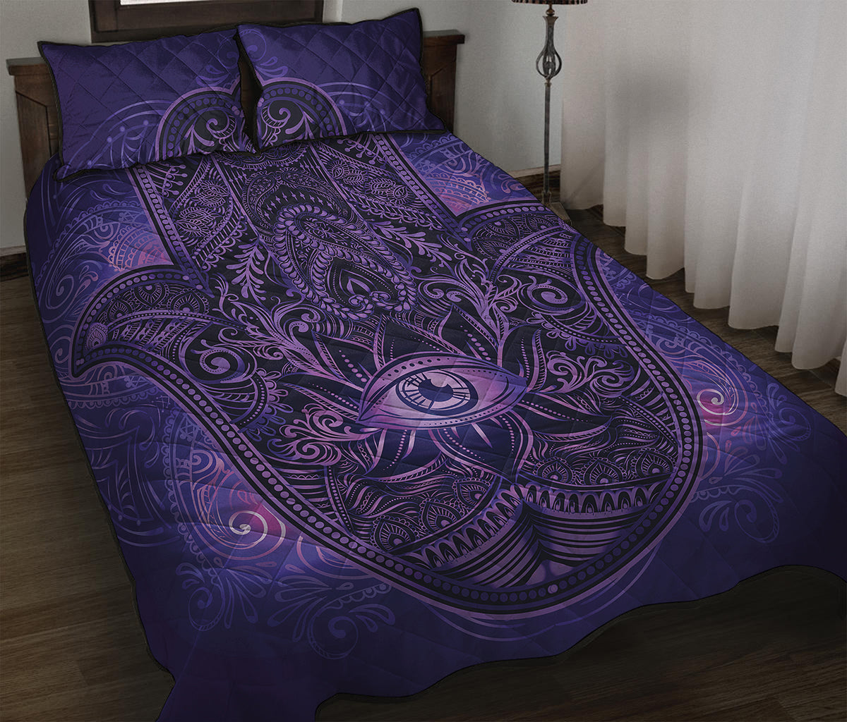 Purple Hamsa Hand Print Quilt Bed Set