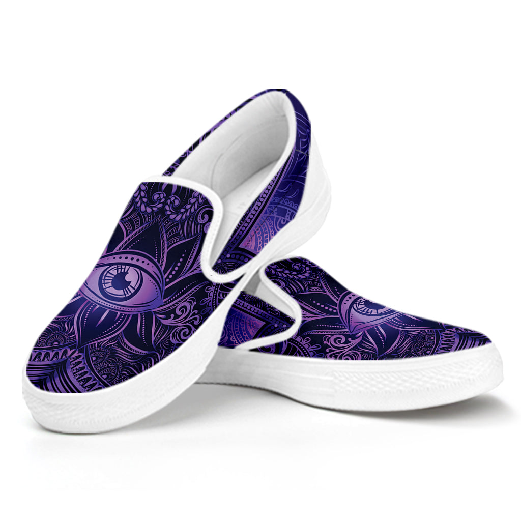Purple Hamsa Hand Print White Slip On Shoes