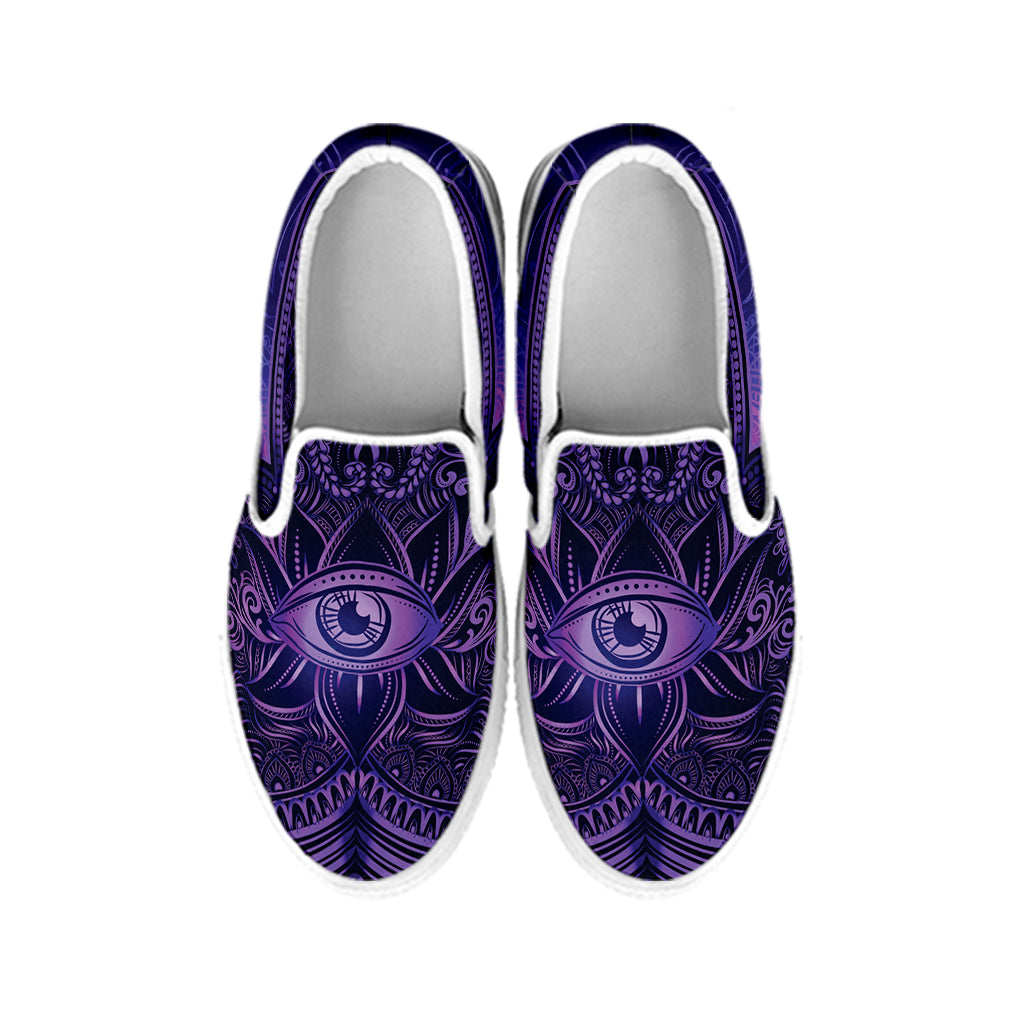 Purple Hamsa Hand Print White Slip On Shoes