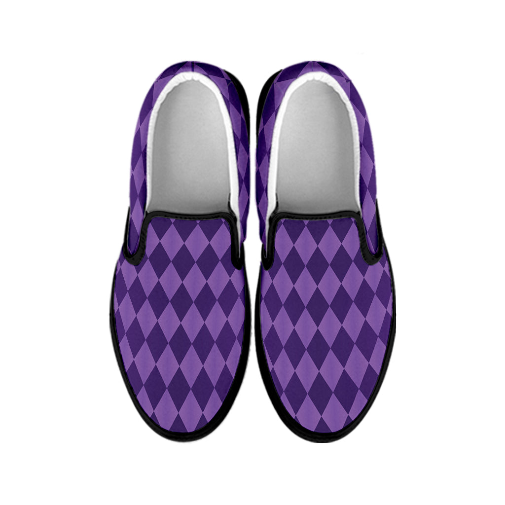 Purple Harlequin Pattern Print Black Slip On Shoes
