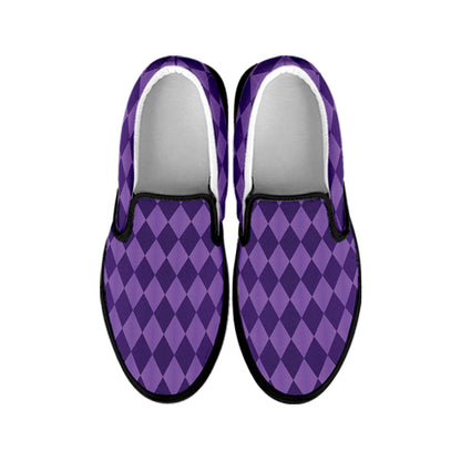Purple Harlequin Pattern Print Black Slip On Shoes
