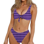 Purple Harlequin Pattern Print Front Bow Tie Bikini