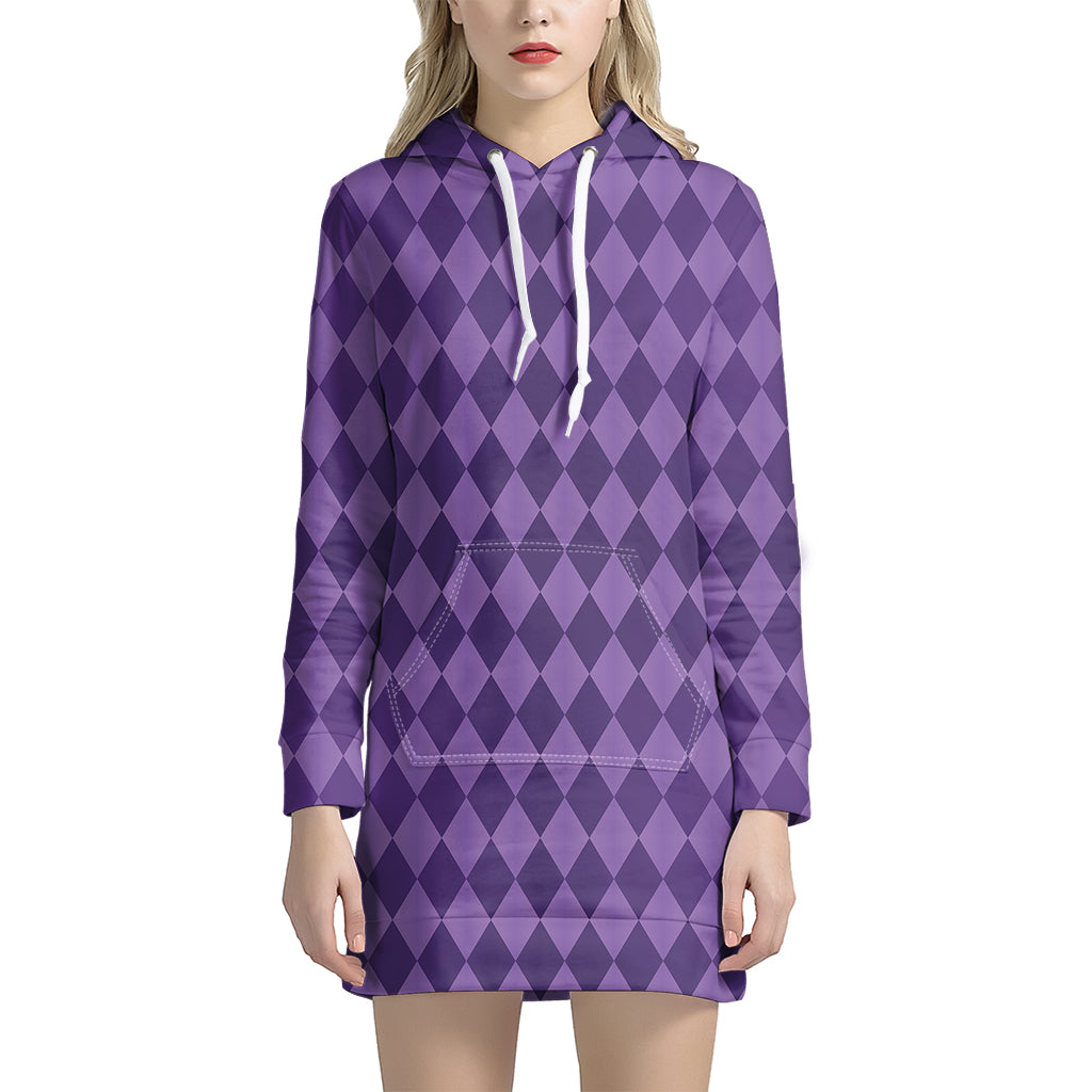 Purple Harlequin Pattern Print Hoodie Dress