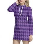 Purple Harlequin Pattern Print Hoodie Dress