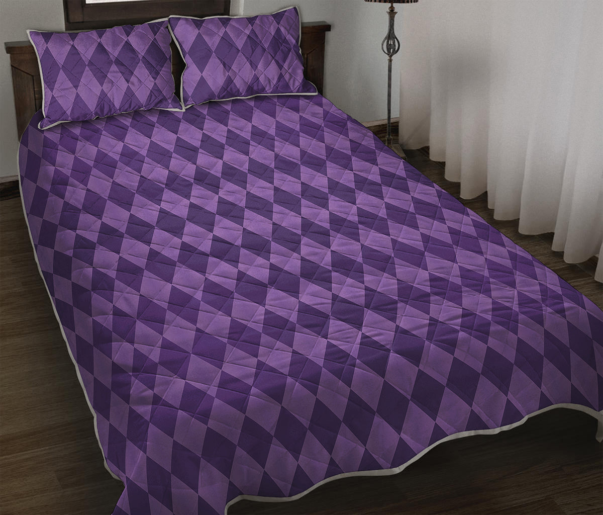 Purple Harlequin Pattern Print Quilt Bed Set