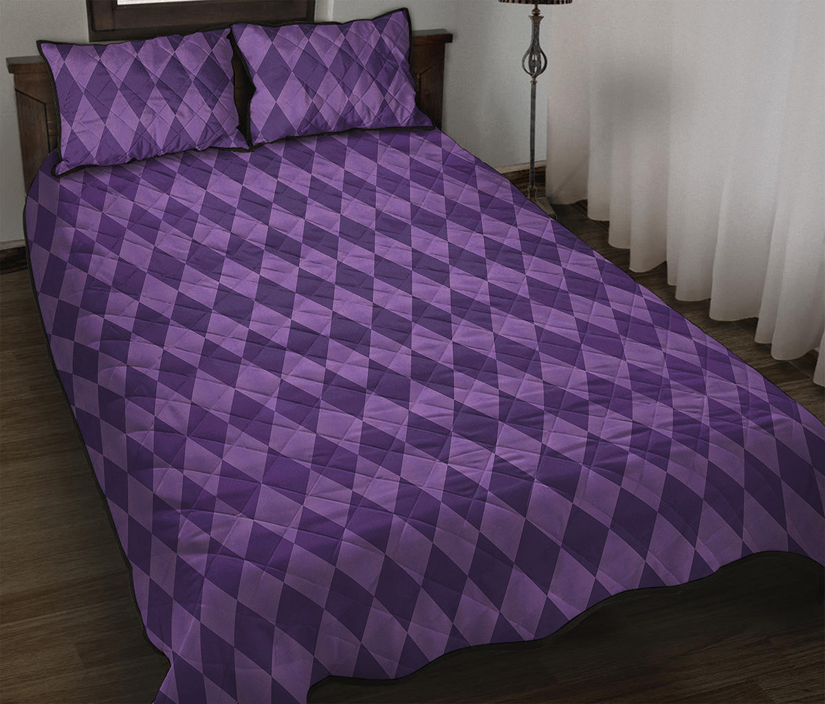 Purple Harlequin Pattern Print Quilt Bed Set