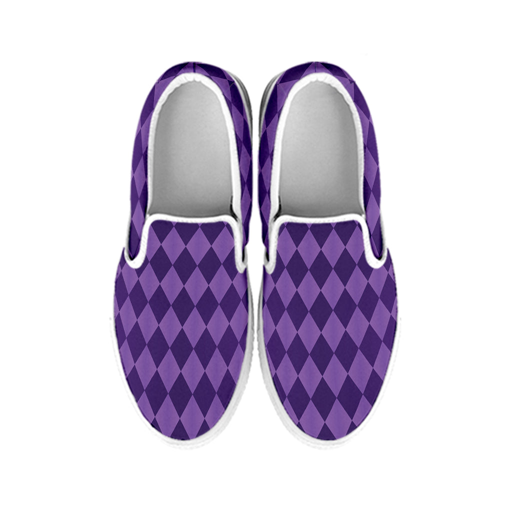 Purple Harlequin Pattern Print White Slip On Shoes