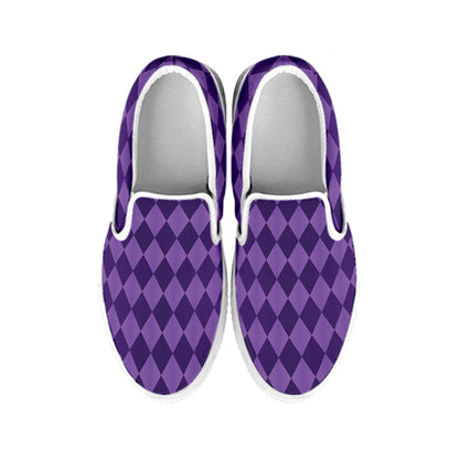 Purple Harlequin Pattern Print White Slip On Shoes