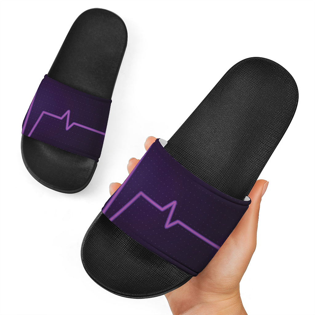 Purple Heartbeat Print Black Slide Sandals