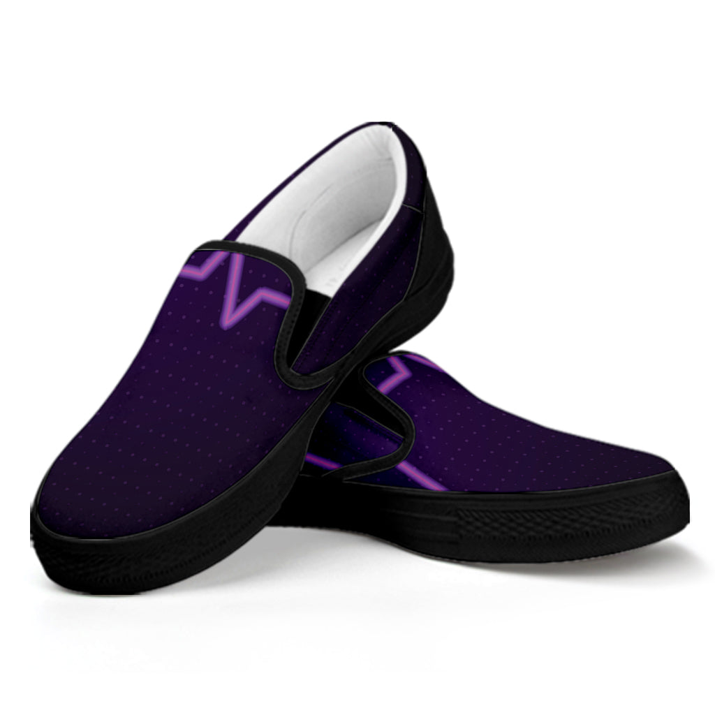 Purple Heartbeat Print Black Slip On Shoes