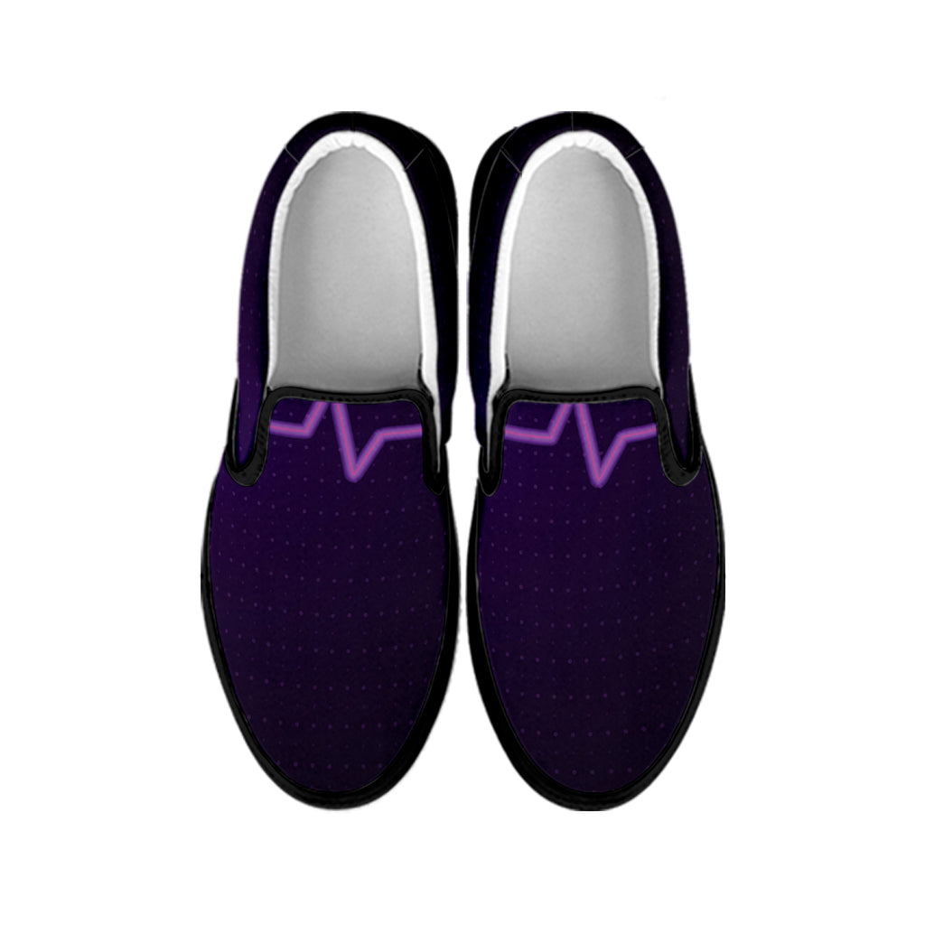 Purple Heartbeat Print Black Slip On Shoes