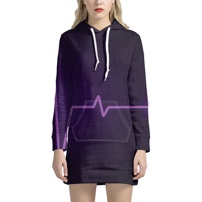 Purple Heartbeat Print Pullover Hoodie Dress