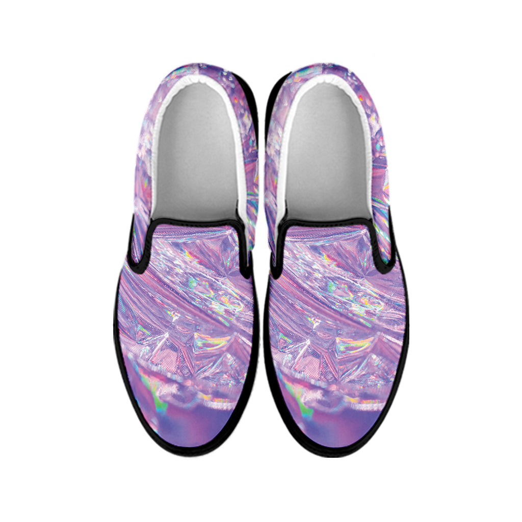Purple Holographic Print Black Slip On Shoes