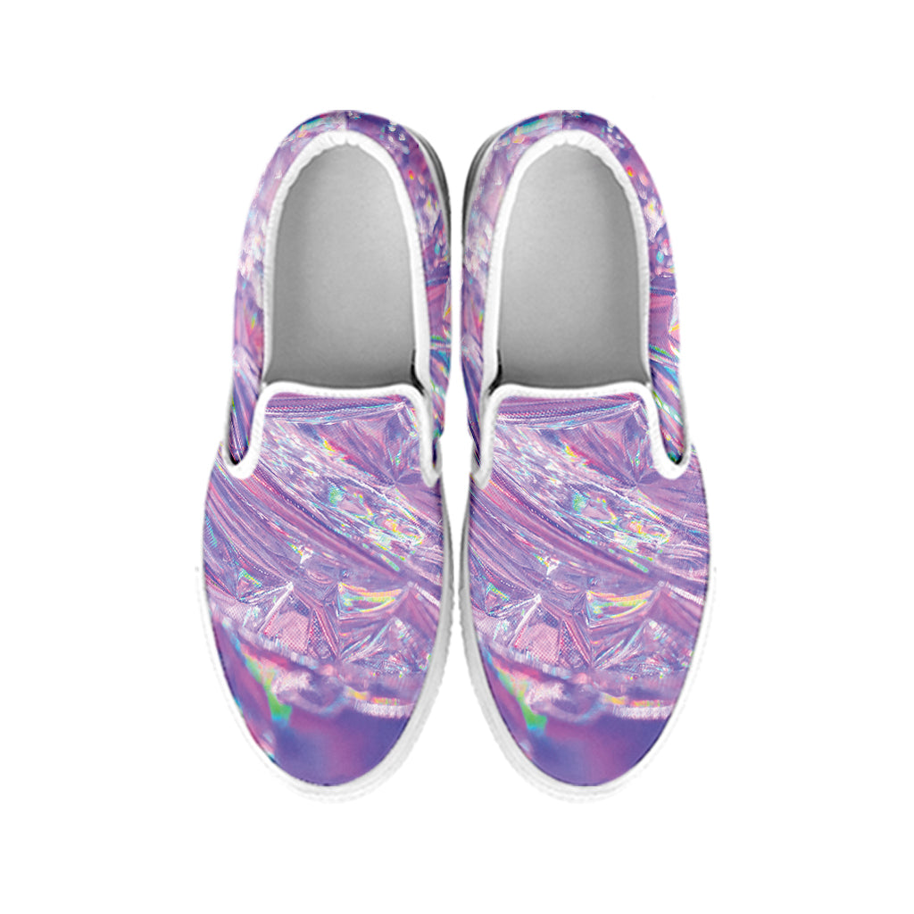 Purple Holographic Print White Slip On Shoes