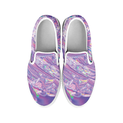 Purple Holographic Print White Slip On Shoes