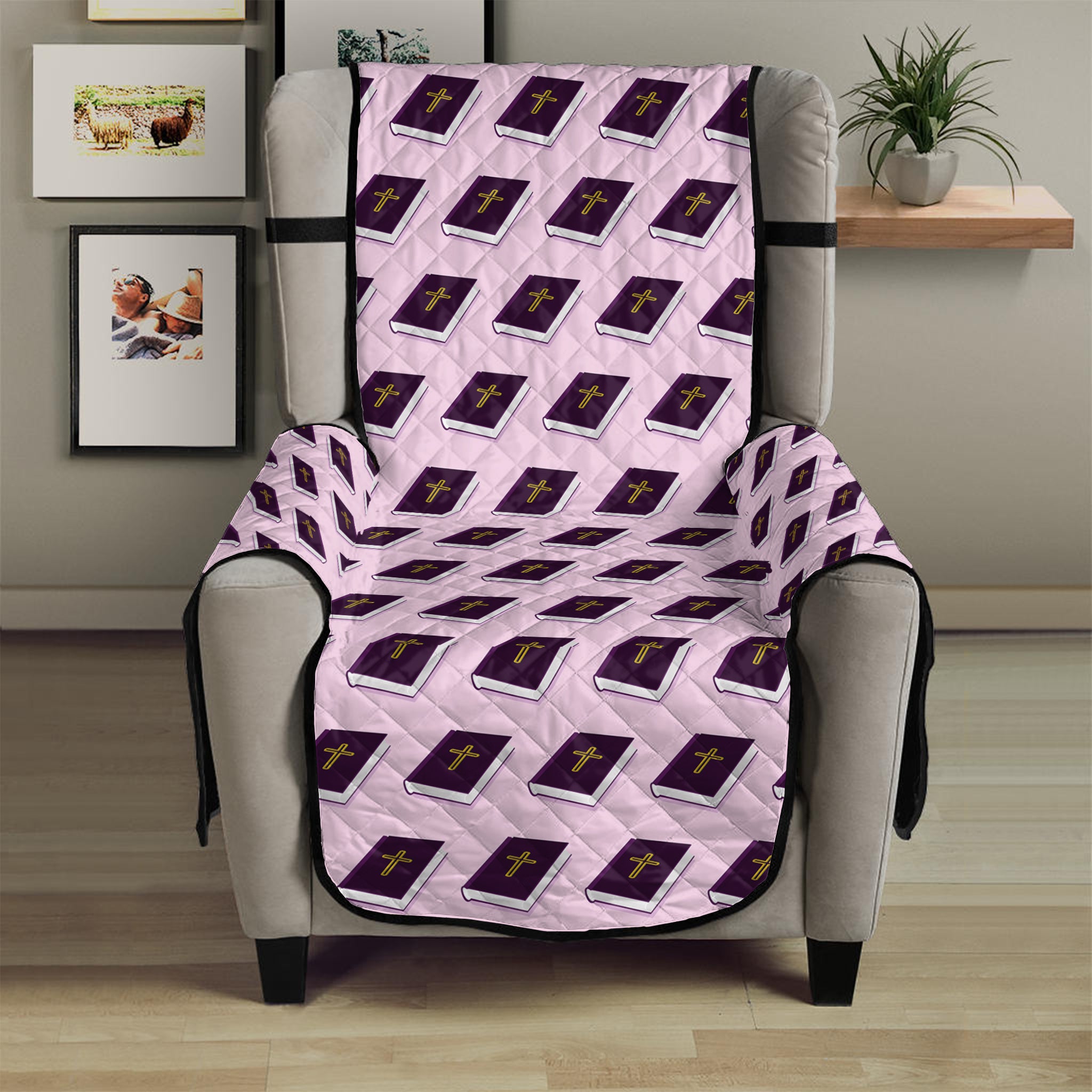 Purple Holy Bible Pattern Print Armchair Protector