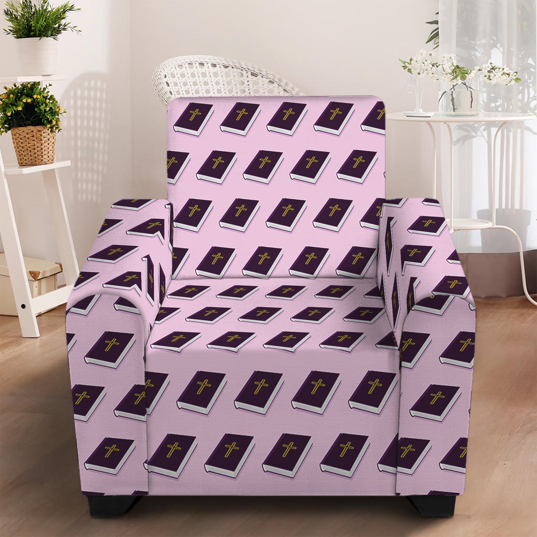 Purple Holy Bible Pattern Print Armchair Slipcover