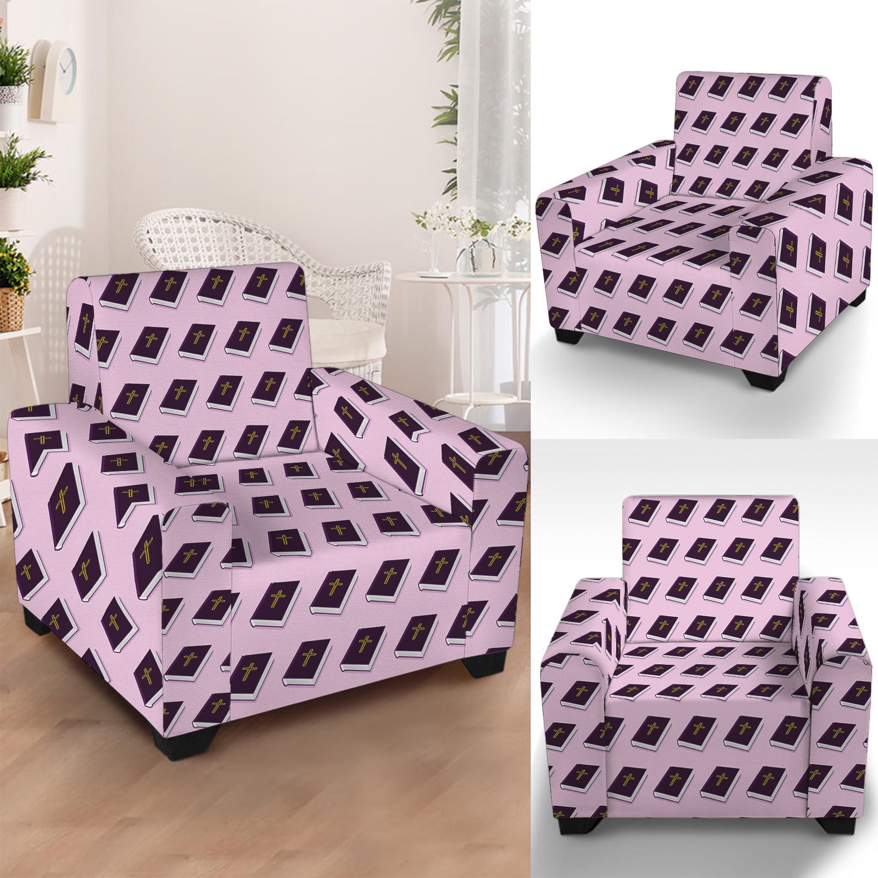 Purple Holy Bible Pattern Print Armchair Slipcover