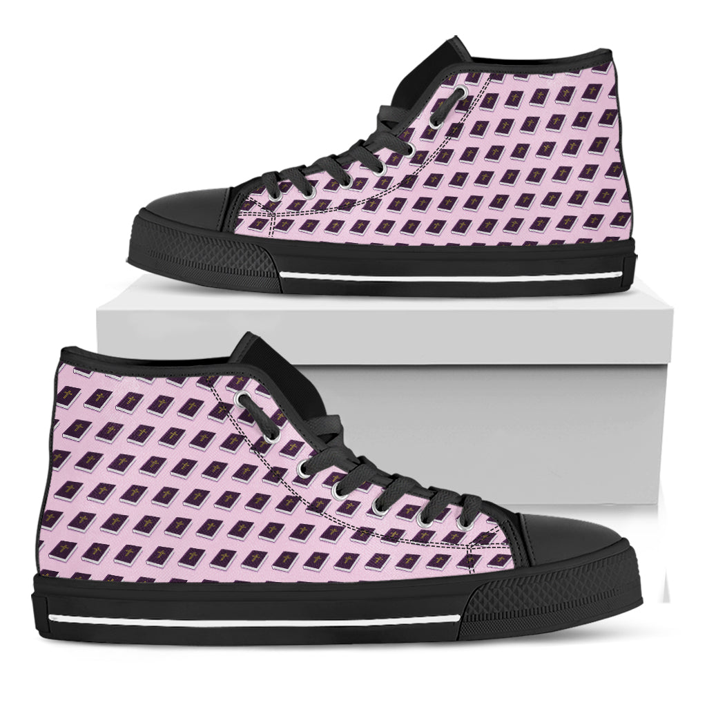 Purple Holy Bible Pattern Print Black High Top Shoes