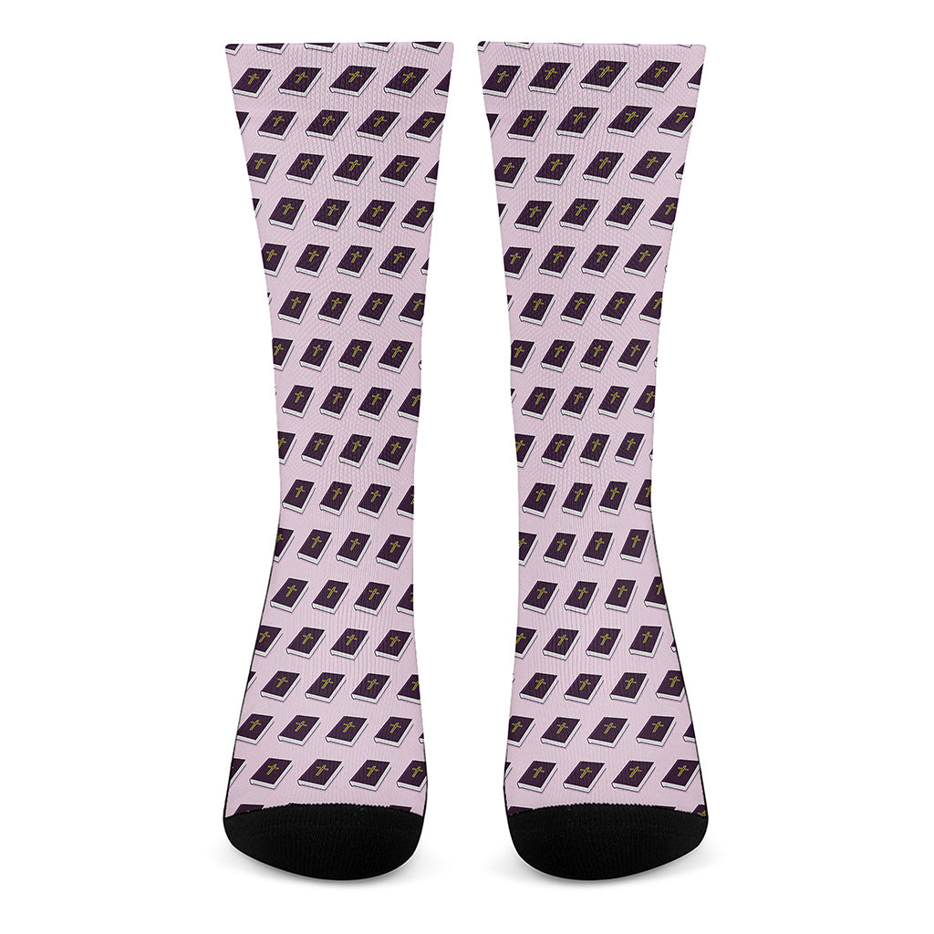 Purple Holy Bible Pattern Print Crew Socks