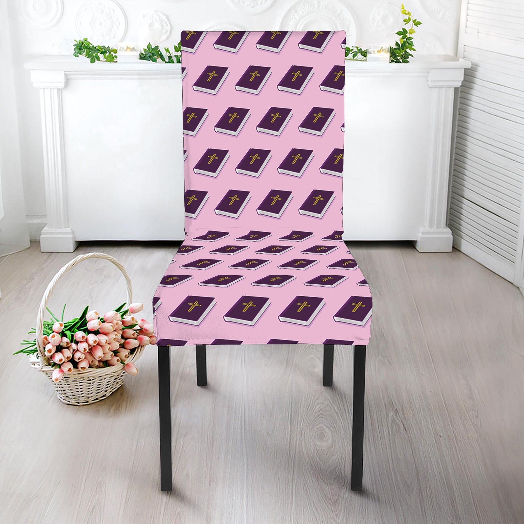 Purple Holy Bible Pattern Print Dining Chair Slipcover