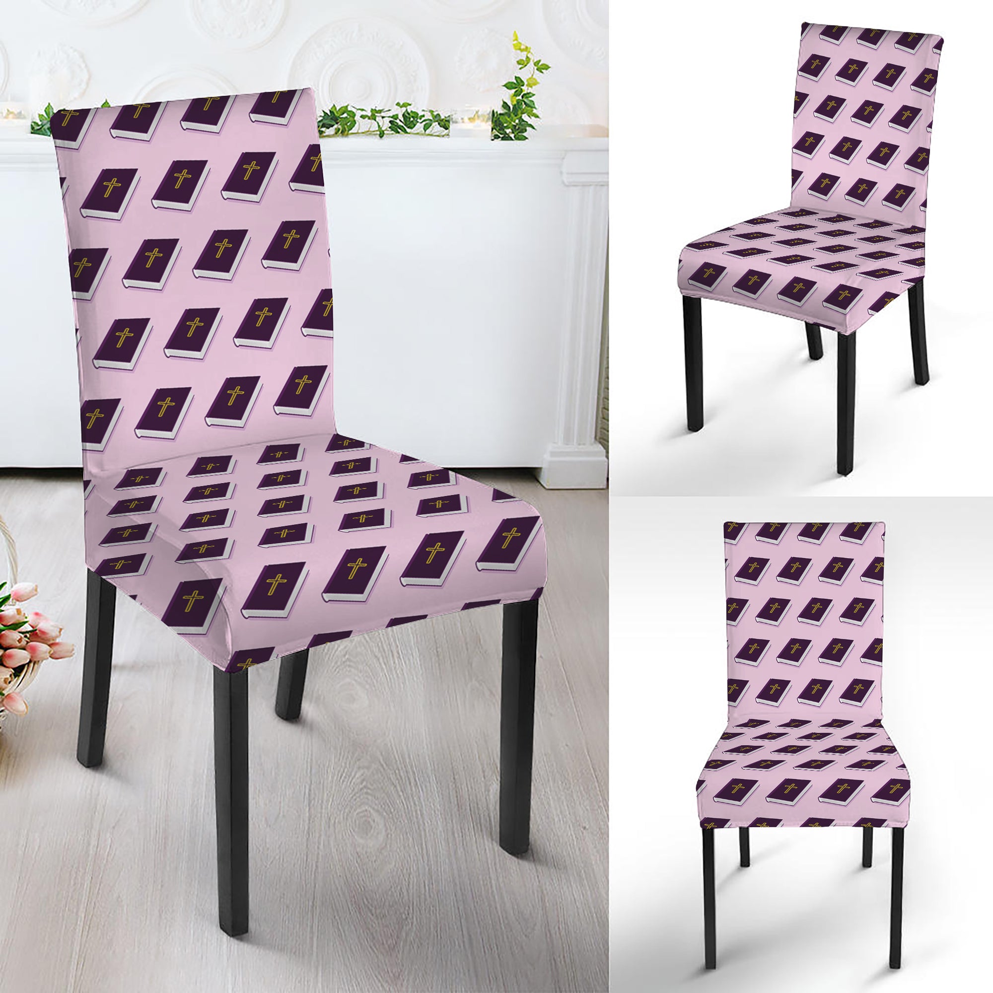 Purple Holy Bible Pattern Print Dining Chair Slipcover