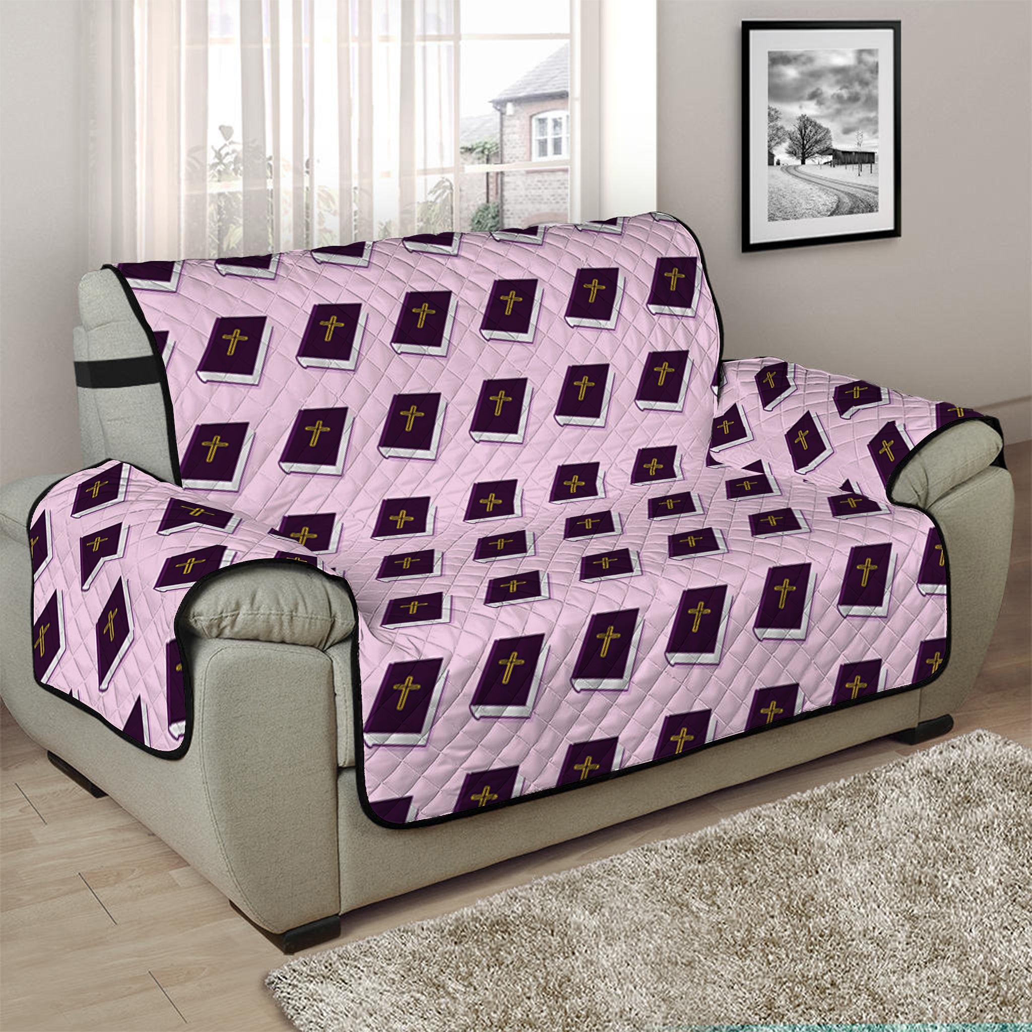 Purple Holy Bible Pattern Print Half Sofa Protector