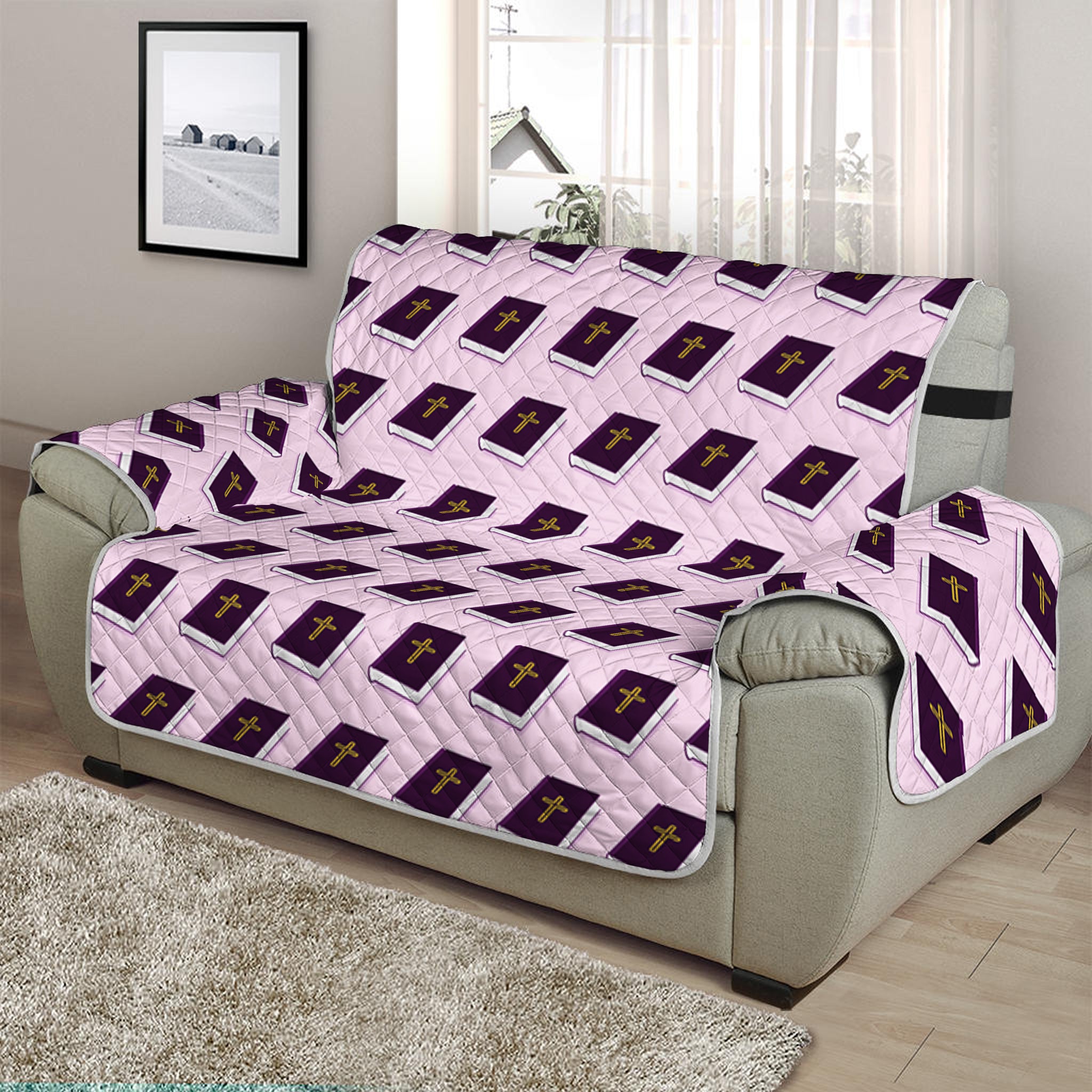 Purple Holy Bible Pattern Print Half Sofa Protector