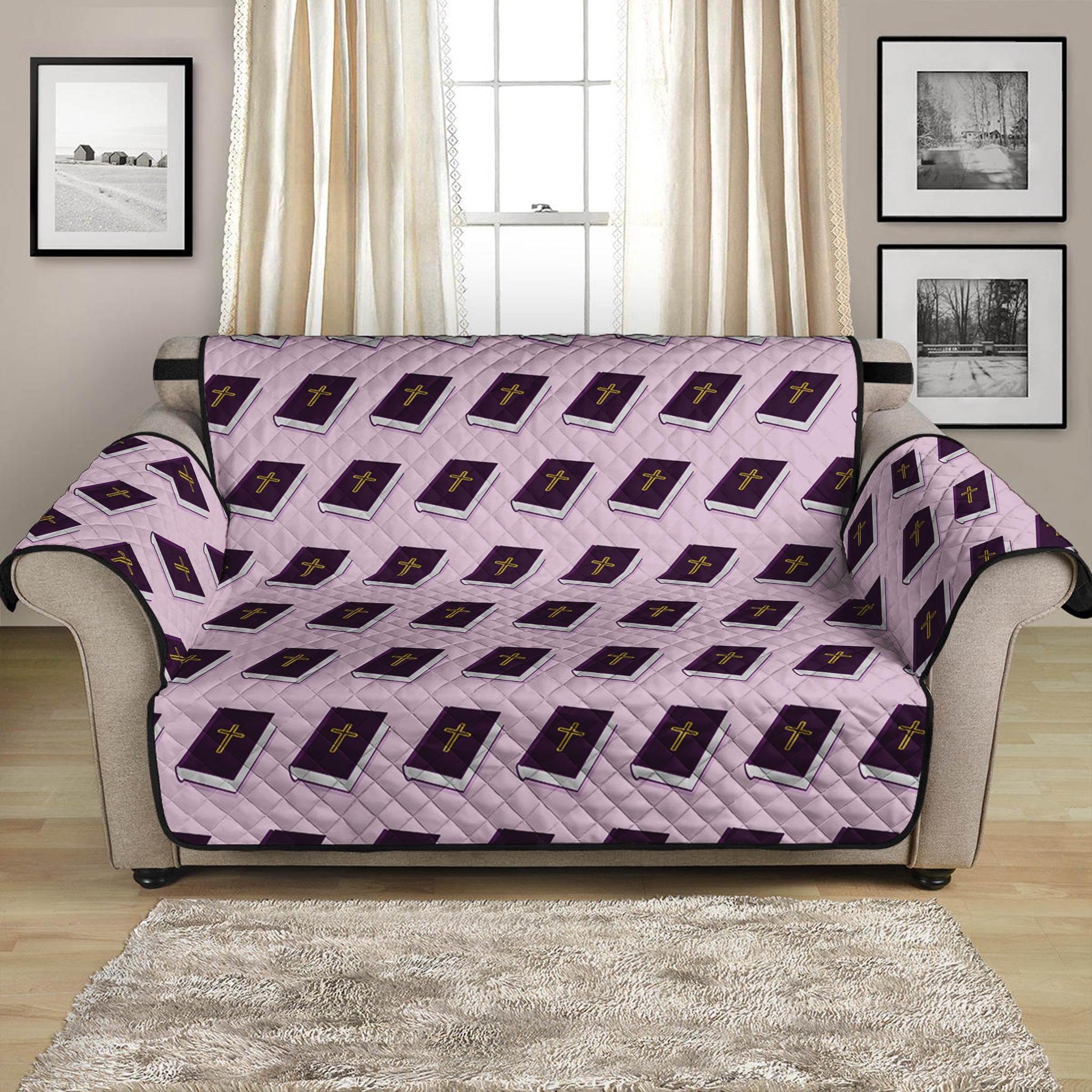 Purple Holy Bible Pattern Print Loveseat Protector