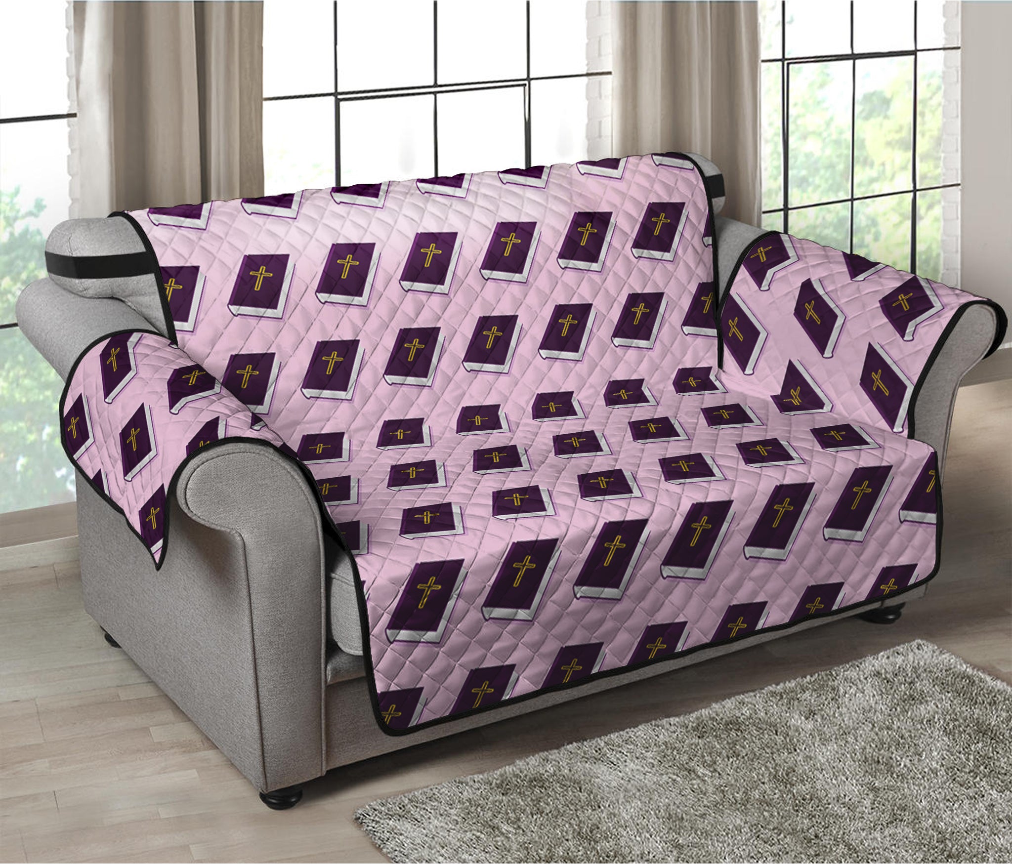 Purple Holy Bible Pattern Print Loveseat Protector