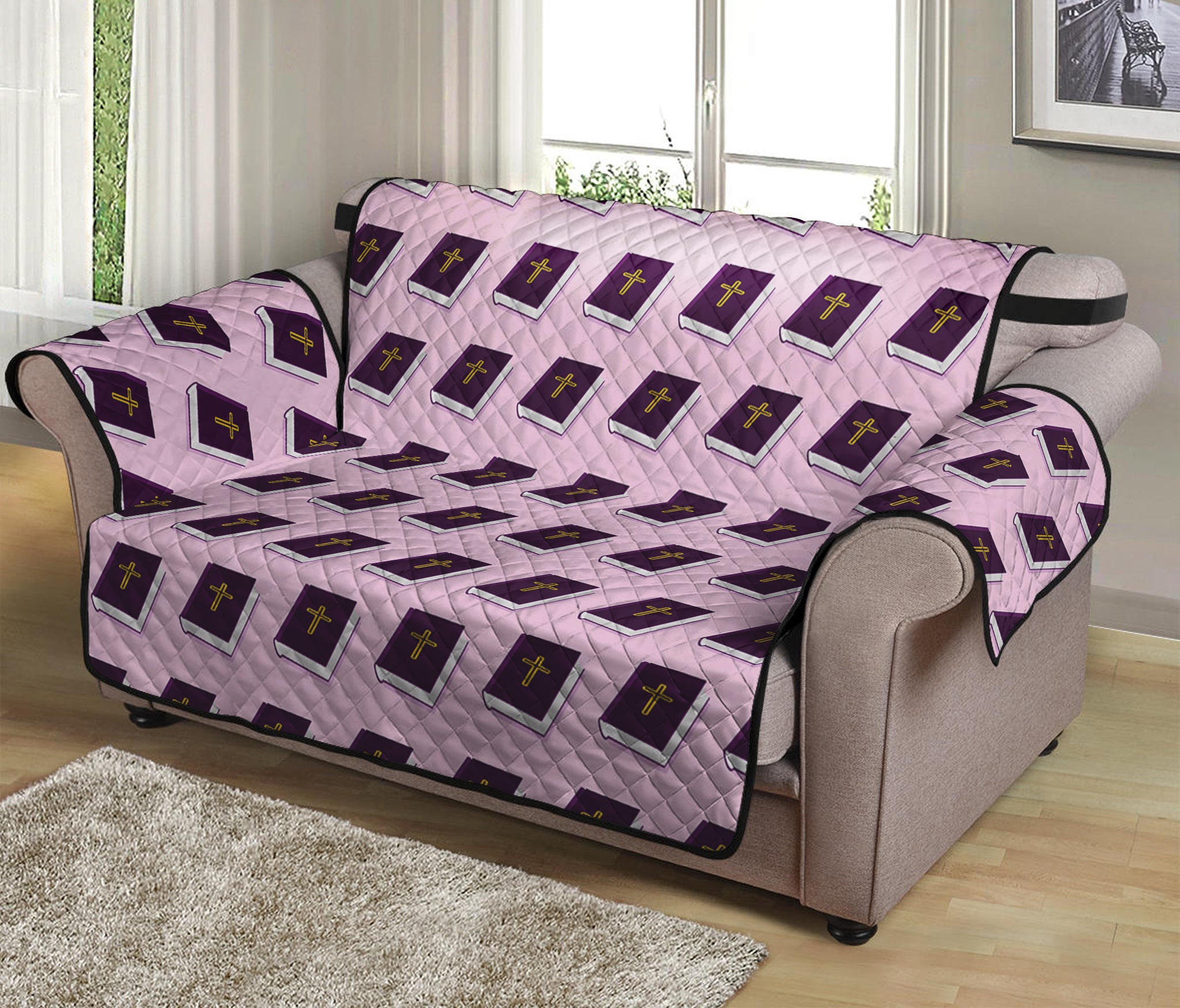 Purple Holy Bible Pattern Print Loveseat Protector