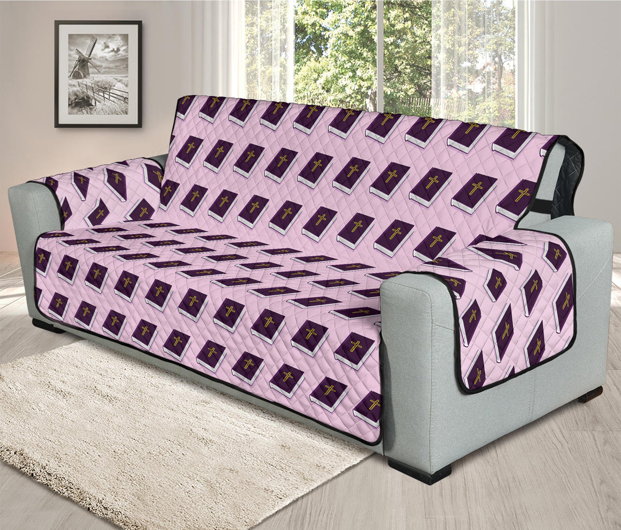 Purple Holy Bible Pattern Print Oversized Sofa Protector