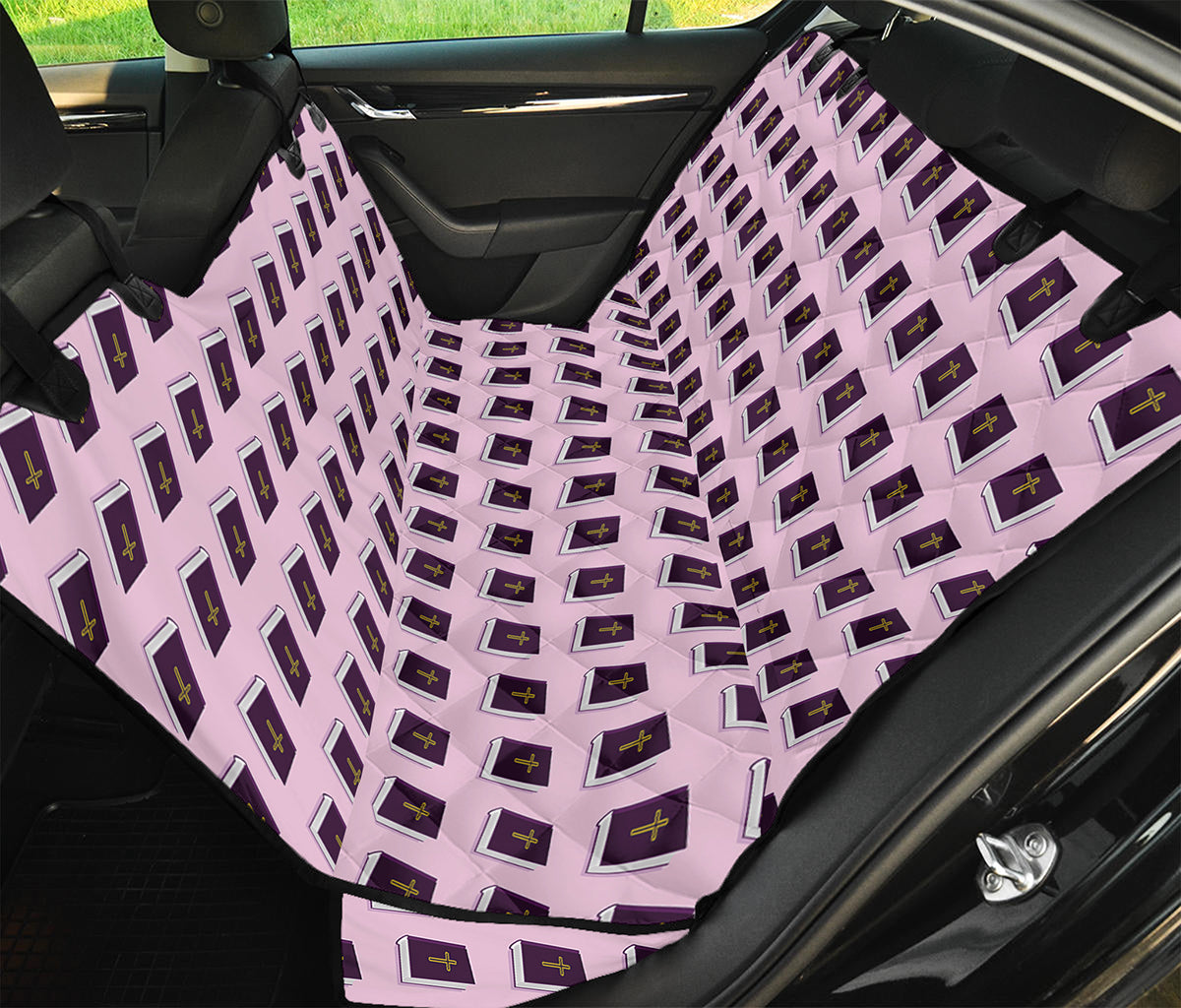 Purple Holy Bible Pattern Print Pet Car Back Seat Cover