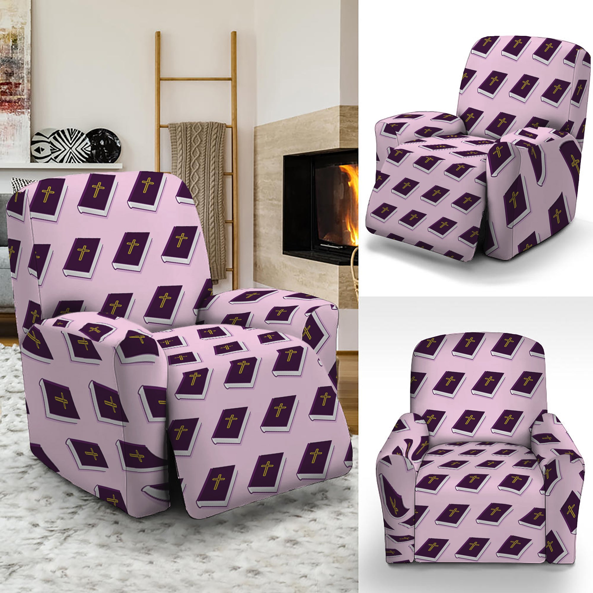 Purple Holy Bible Pattern Print Recliner Slipcover