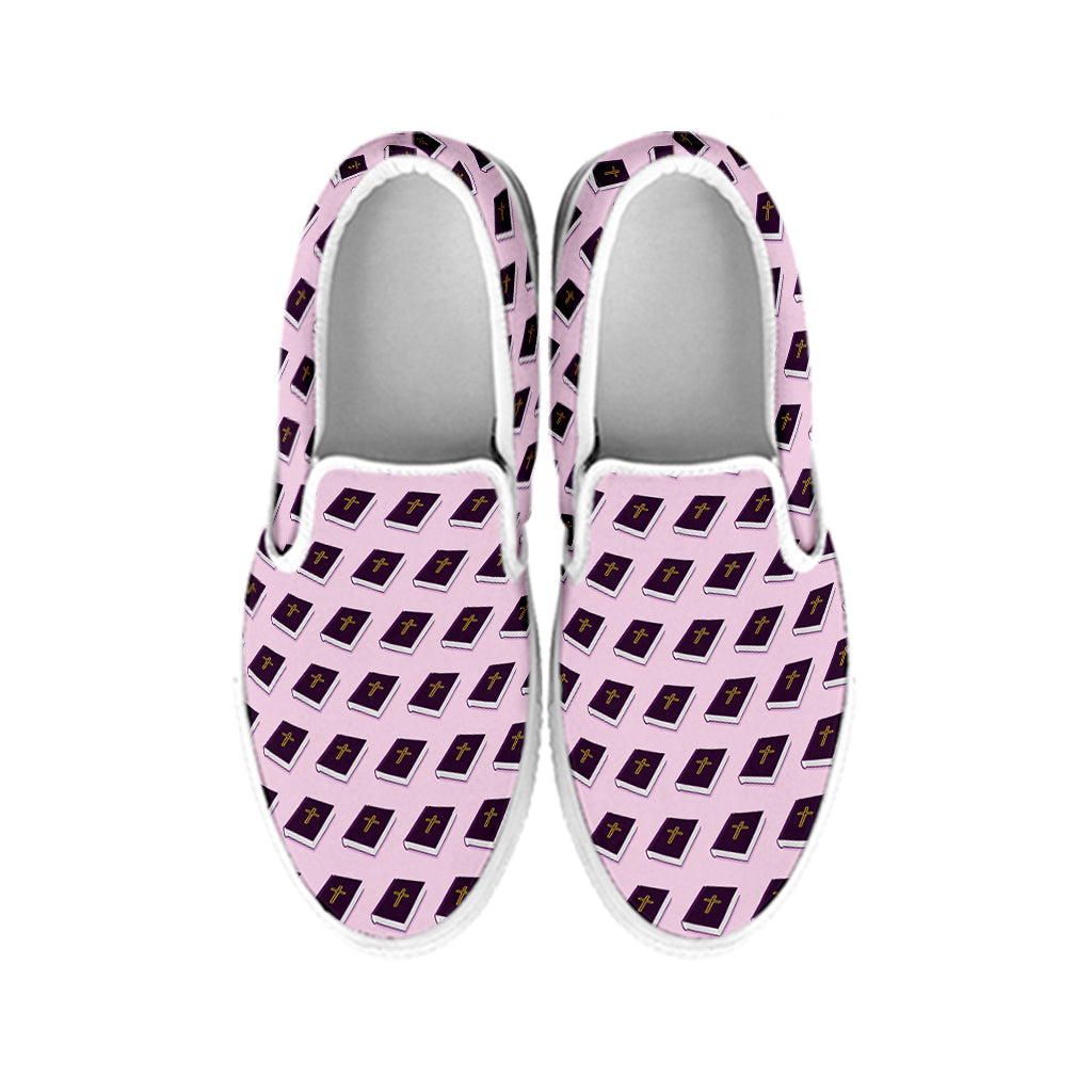 Purple Holy Bible Pattern Print White Slip On Shoes