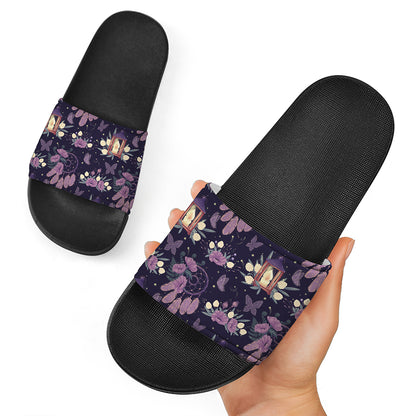 Purple Indian Dream Catcher Print Black Slide Sandals