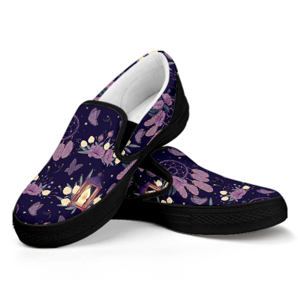 Purple Indian Dream Catcher Print Black Slip On Shoes