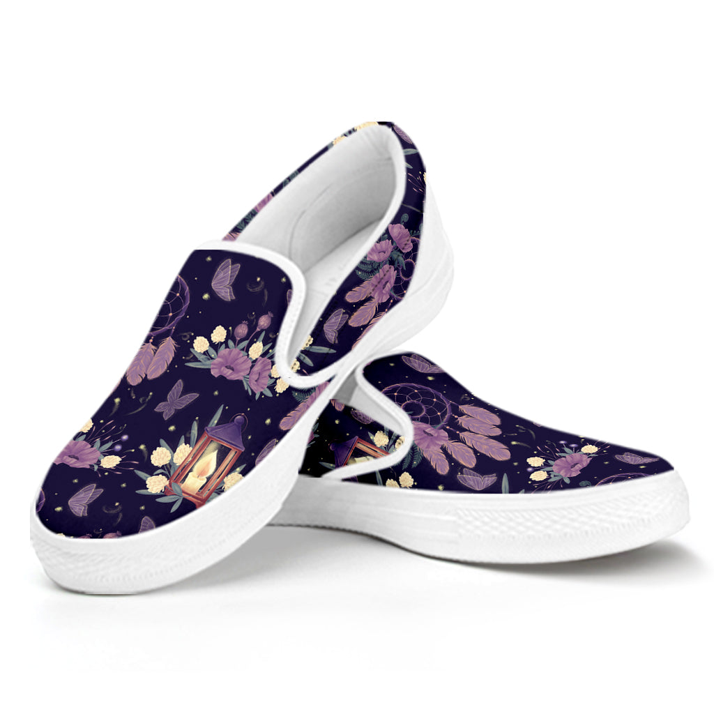 Purple Indian Dream Catcher Print White Slip On Shoes