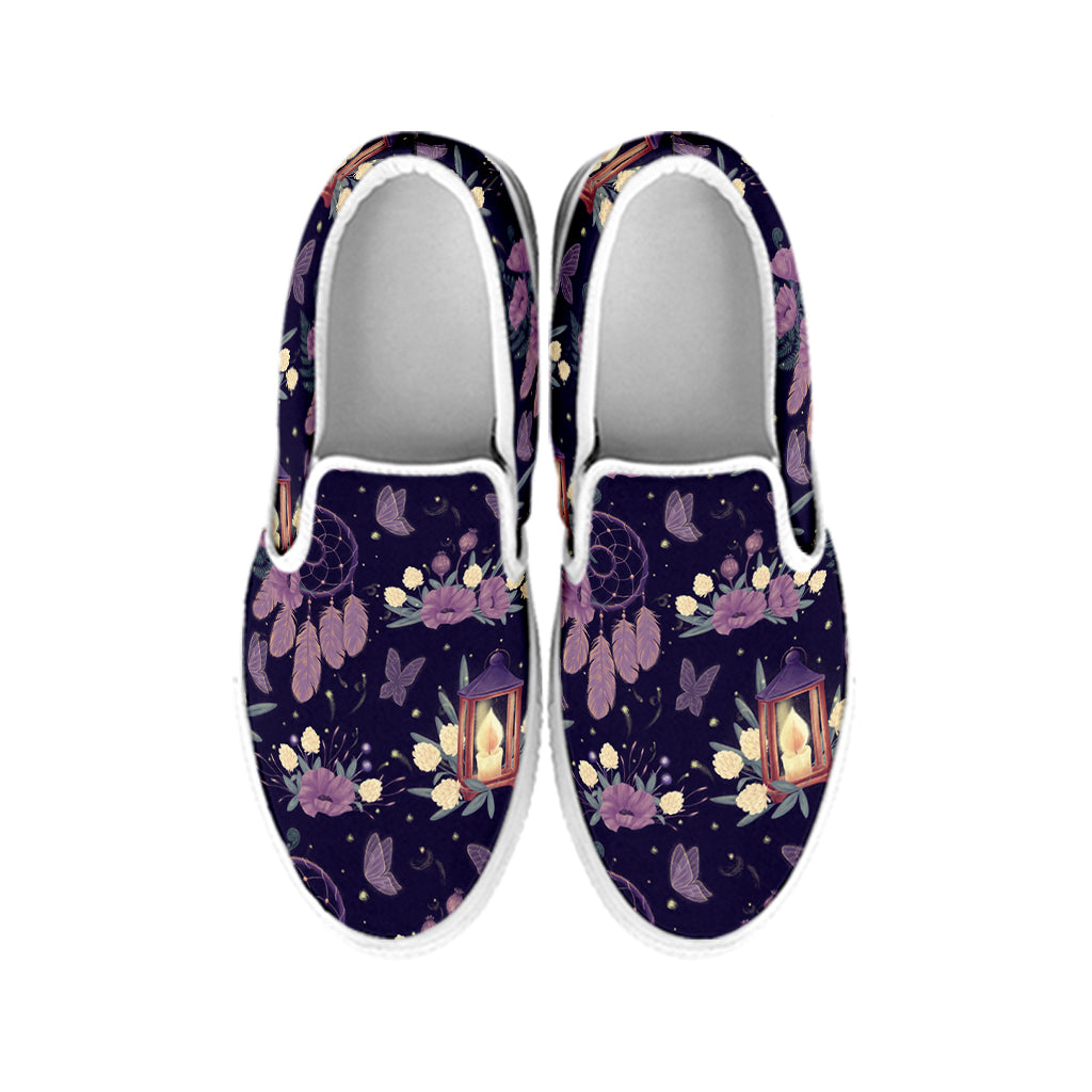 Purple Indian Dream Catcher Print White Slip On Shoes