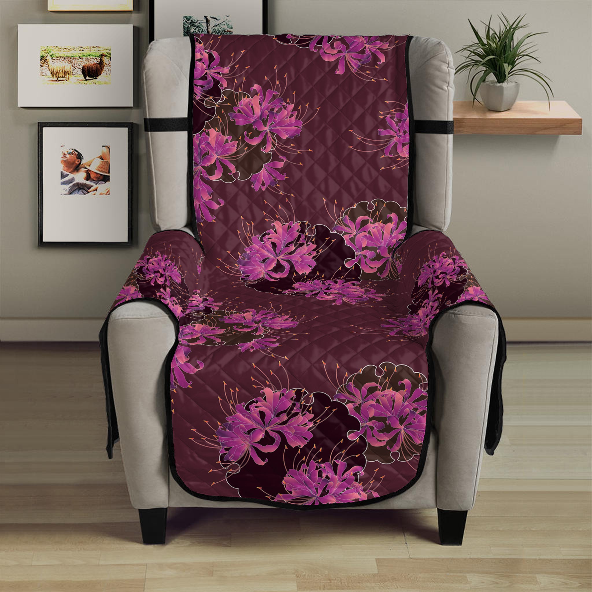 Purple Japanese Amaryllis Pattern Print Armchair Protector