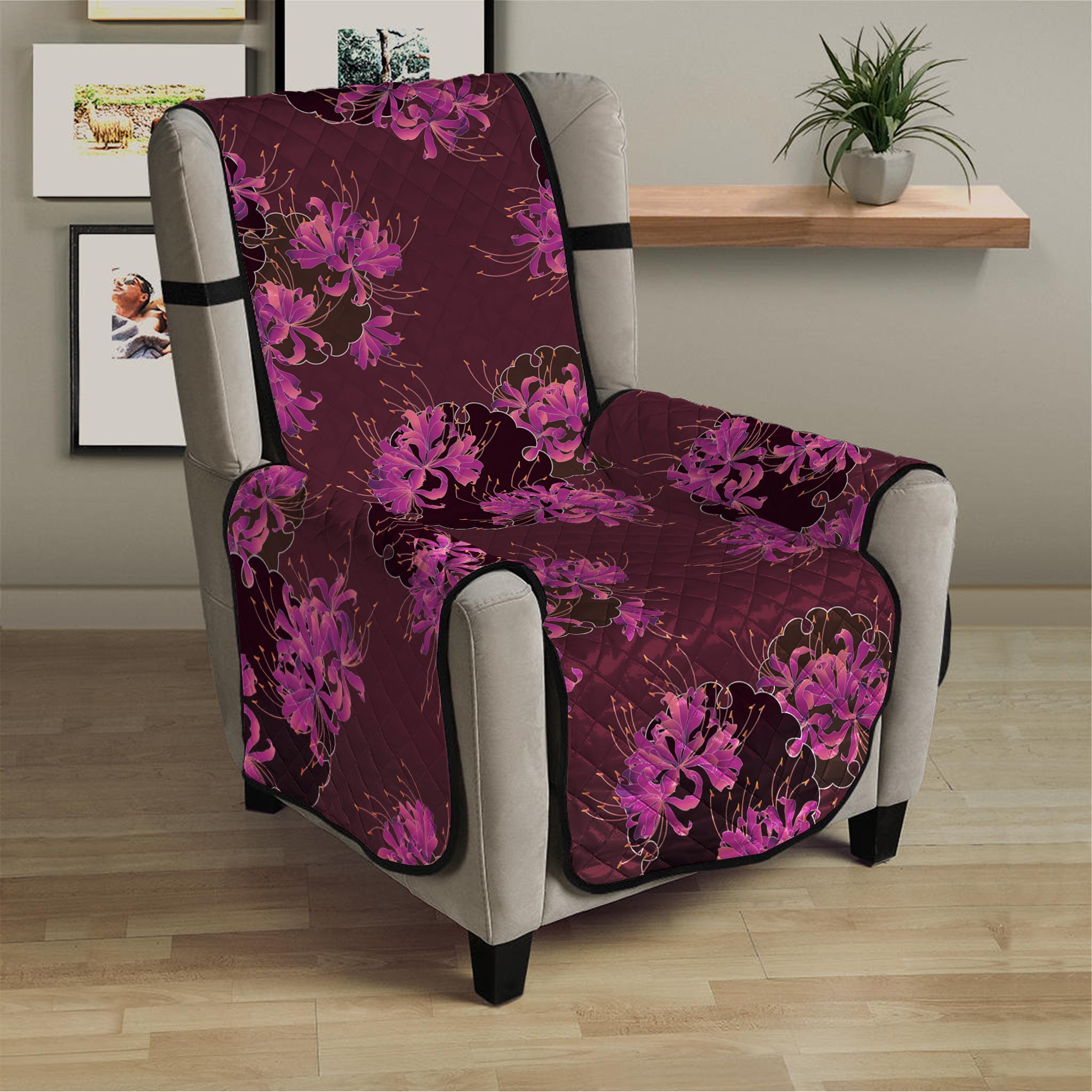 Purple Japanese Amaryllis Pattern Print Armchair Protector