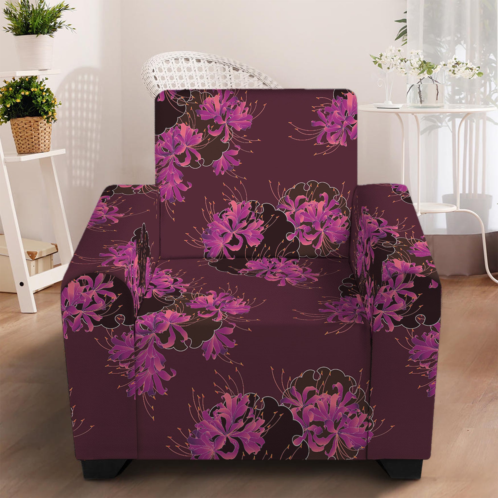 Purple Japanese Amaryllis Pattern Print Armchair Slipcover