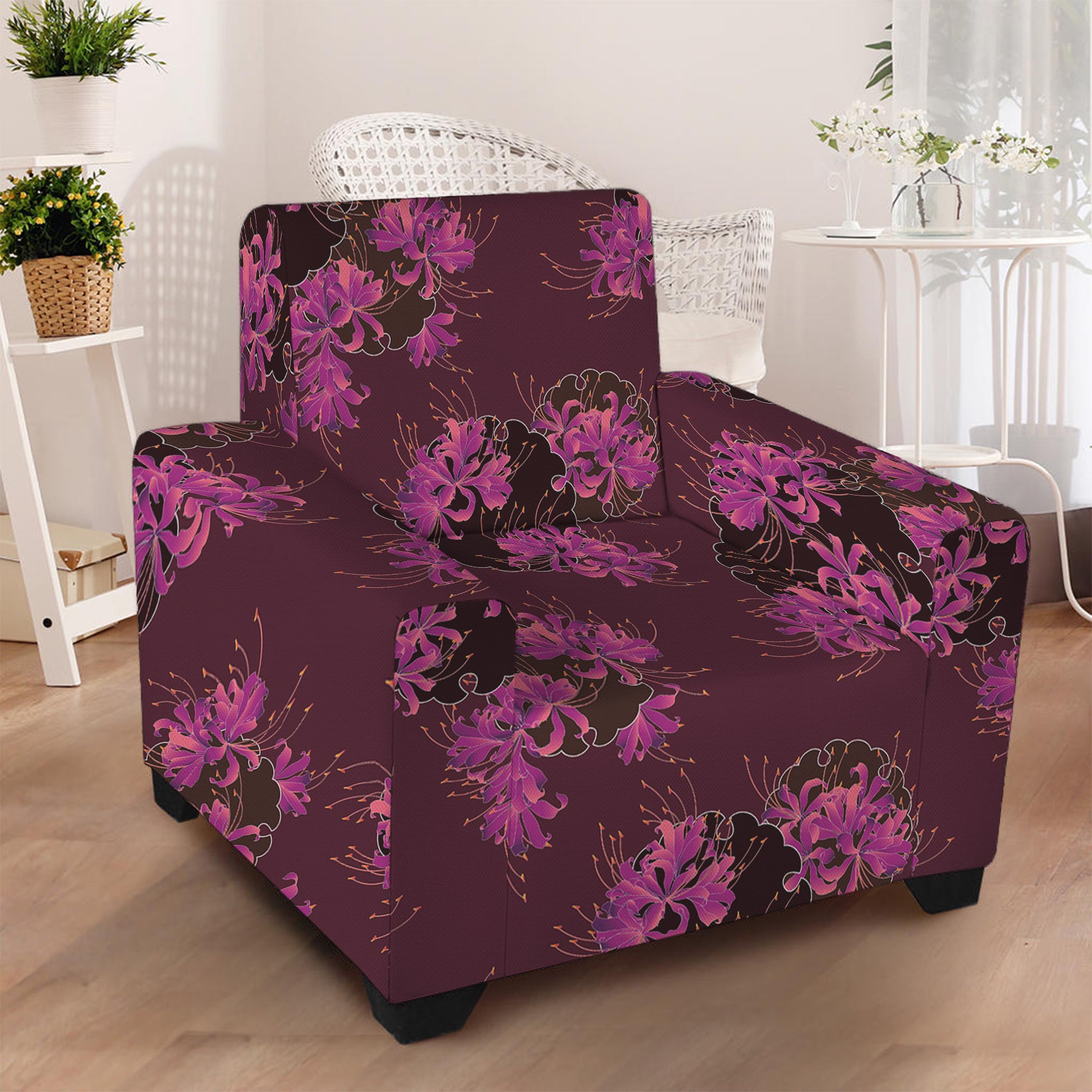 Purple Japanese Amaryllis Pattern Print Armchair Slipcover