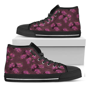 Purple Japanese Amaryllis Pattern Print Black High Top Shoes